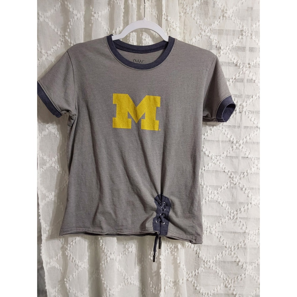 Michigan Wolverines Logo Gray Tie Front‎ Ringer T Shirt Women's Small
